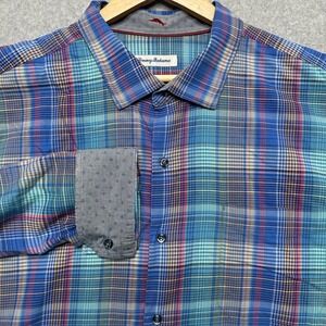 Tommy Bahama Mens XXL Blue Plaid Cotton Silk Blend Long Sleeve Button Down Shirt